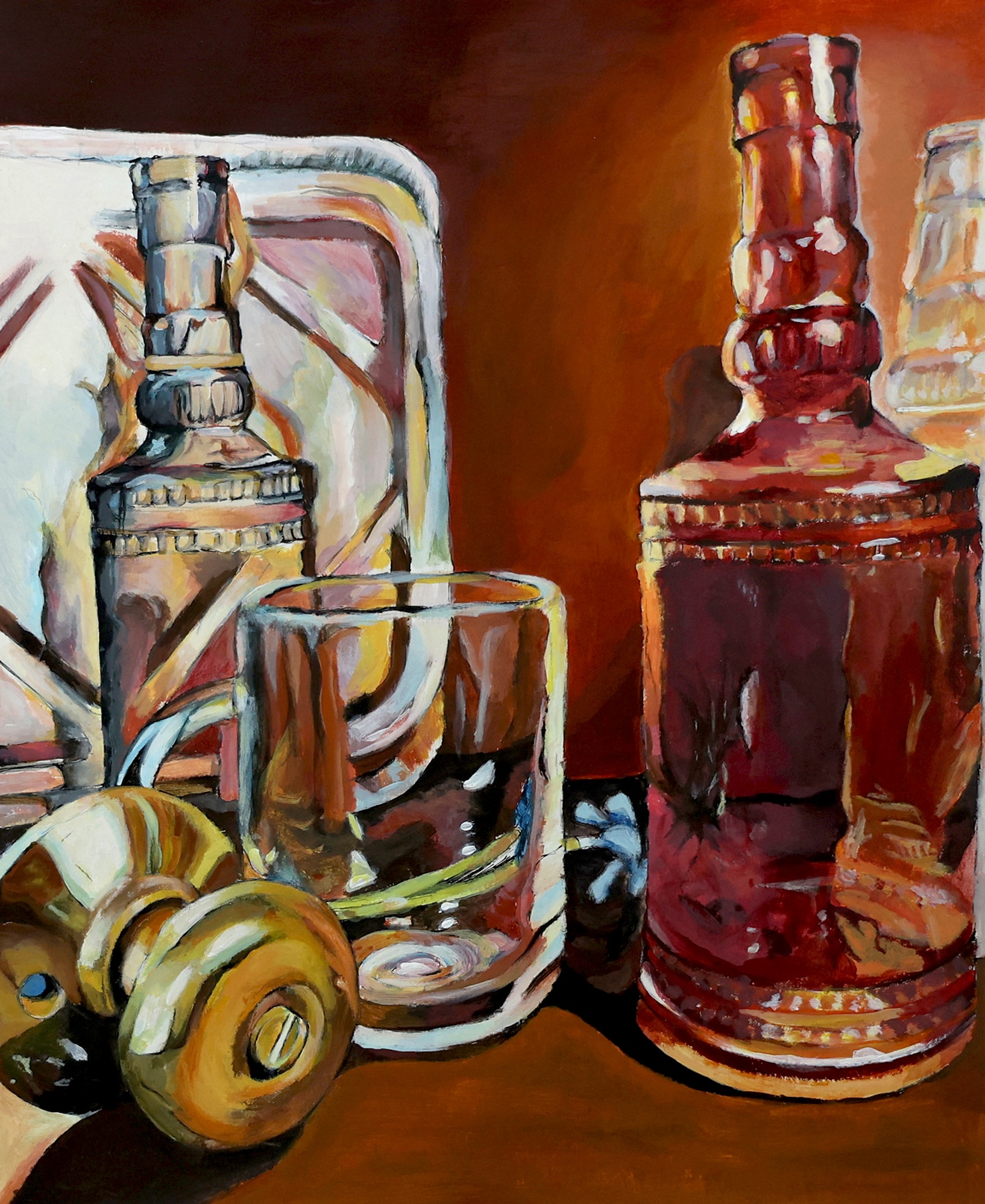Acrylic still life of bottles and a brass instrument